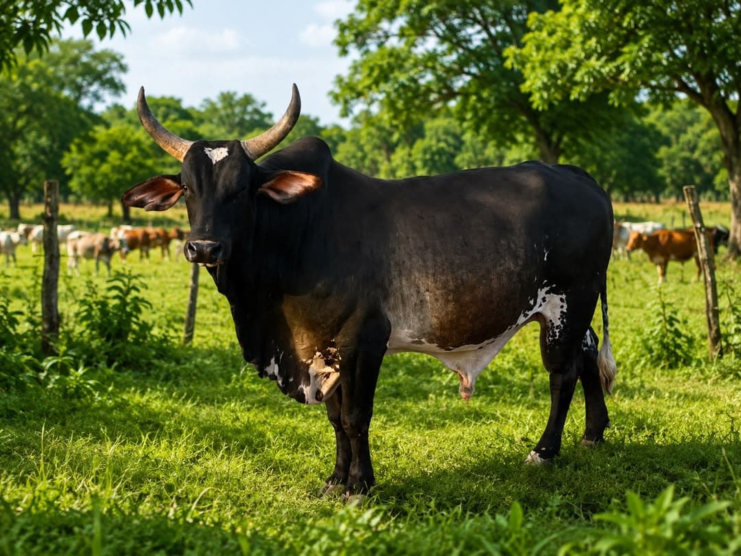 Bœuf zébu à cornes dans un pâturage du site d'élevage Yellitaare
