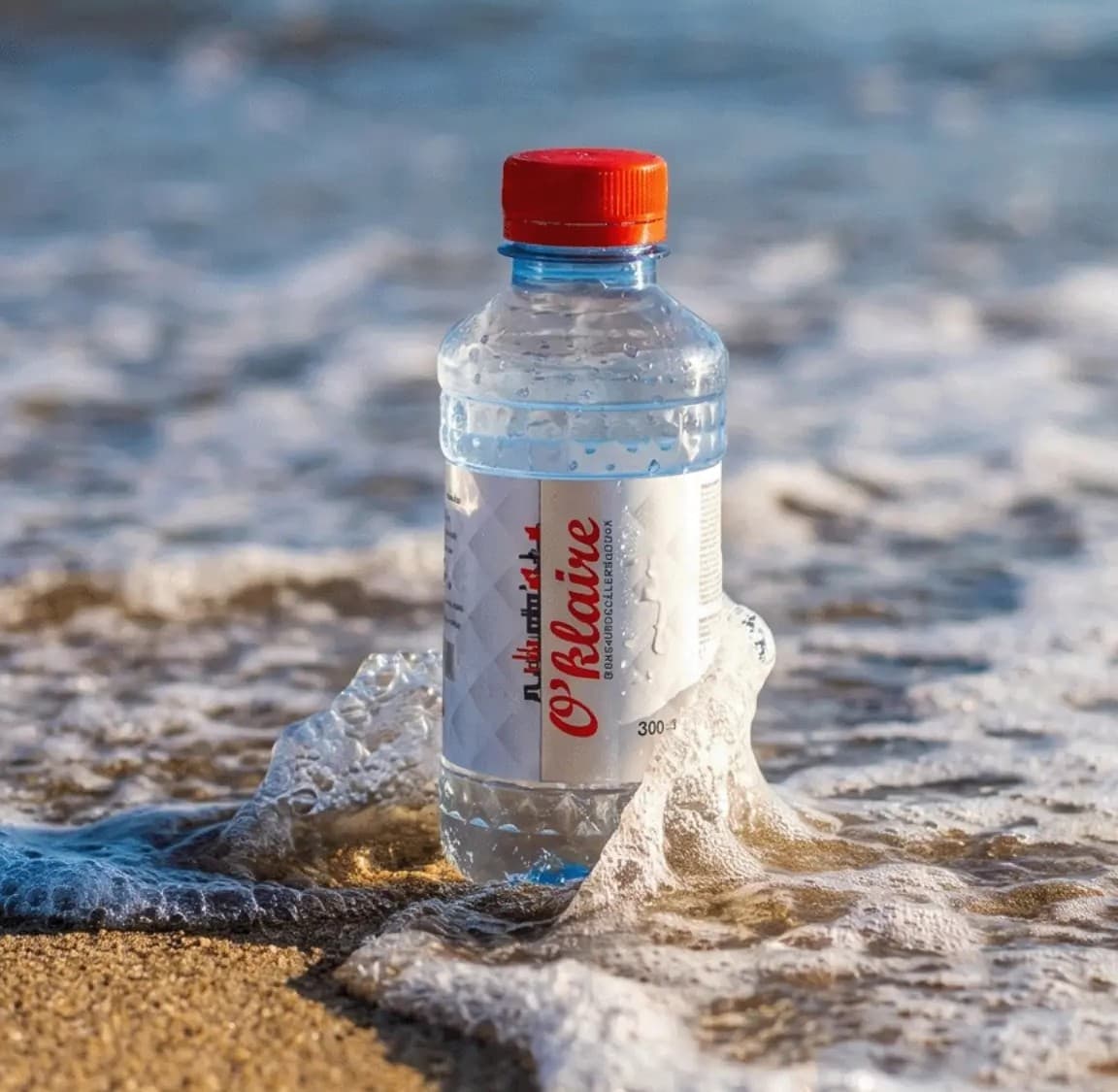 Petite bouteille O'klaire posée au bord de l'eau, une vague venant la rejoindre